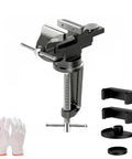 Portable Bench Vise With 360 Degree Swivel Base Clamp On Table Vise For Golf Grip Repair And Pro Grade DIY Projects Multi Purpose Tool For Woodworking Crafting Model Making Metalworking And More, with accessories visible