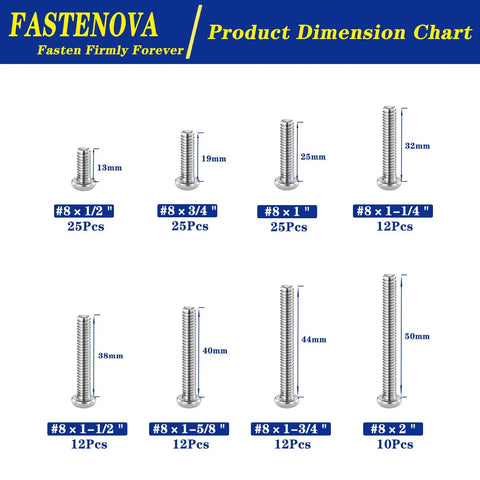 Heavy Duty 123 Piece 304 Stainless Steel Machine Screw Assortment Kit Packed With Hella Tough Phillips Pan Head Fasteners And Zero Rust Hassle For Cabinet And Closet Projects dimension chart with various screw sizes.