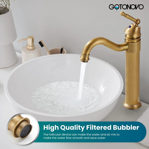 Antique Brass Bathroom Vessel Sink Faucet With Long Reach Single Handle Deck Mounted Mixer Tap For 1 Hole Installation Pop Up Drain Filtered Spout Rust Resistant Brass Construction Easy Hot And Cold Control