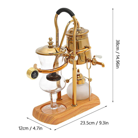 Royal Belgian Siphon Coffee Maker In Gold Retro Siphon Brewer with glass and stainless steel on wooden base, kitchen showpiece