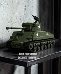 M4 Sherman Tank Building Kit For Adults, Realistic WW2 Military Model on display with movable front section