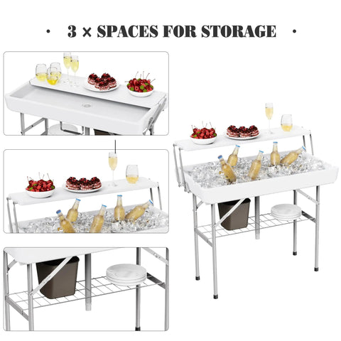 Two Tier Folding Ice Cooler Table With Skirt And Grid Rack, showing 3 storage spaces and white ice bin with drinks and food.