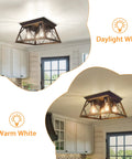 4 Light Industrial Farmhouse Flush Mount Ceiling Light Fixture With Wood Frame And Square Cage Close To Ceiling For Kitchen