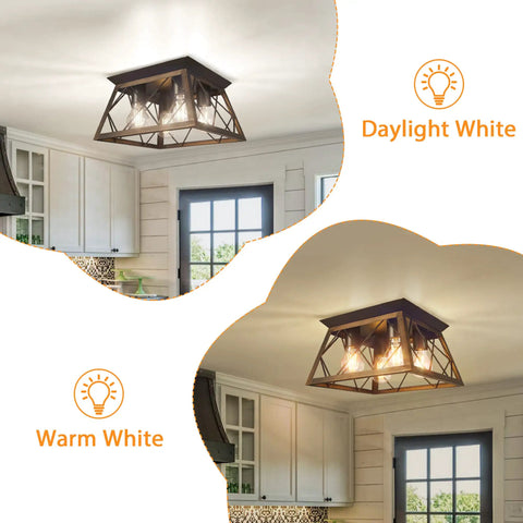 4 Light Industrial Farmhouse Flush Mount Ceiling Light Fixture With Wood Frame And Square Cage Close To Ceiling For Kitchen