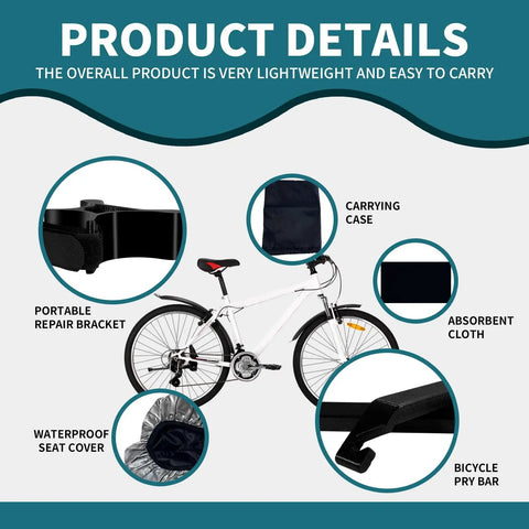 Portable Bike Repair Stand Kit For Bicycles And E Bikes With Maintenance Brackets Pry Bars Cushion Cover Carrying Case Absorbent Cloth Waterproof Seat Cover On The Go Essential All In One Repair Bundle For Riders showing product details