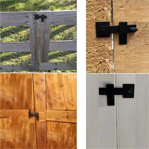16 Piece Iron Gate Latch And Heavy Duty Fence Lock With Gravity Bolt Design on various wooden gates, showcasing easy installation.