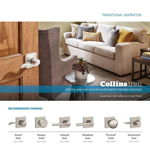 Latitude Lever With Collins Trim Keyed Entry Lock In Satin Nickel For Exterior Doors on wood door next to a beige sofa.