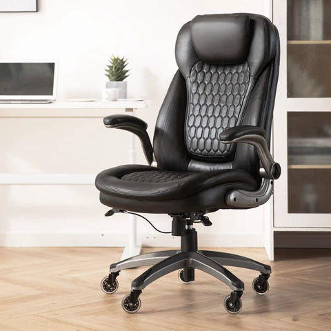 Ergonomic Executive Office Chair For Home And Desk, High Back Leather Swivel Chair With Padded Flip Up Armrests, Black in home office