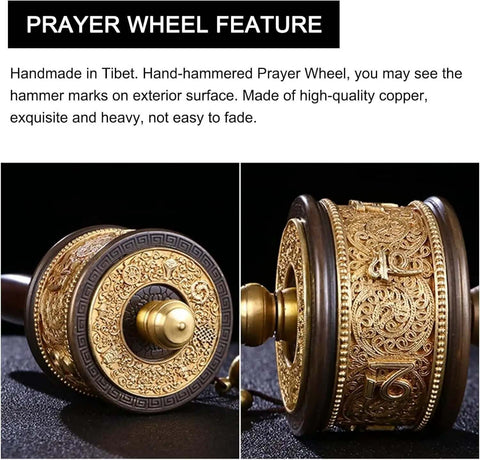 Close-up of Copper Hand Held Prayer Wheel with engraved details, wood handle, handmade in Tibet, decor and spiritual use.