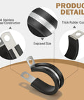 Close-up of Heavy Duty Cable Clamps Kit, 100 Piece Set in Ten Sizes for Pipe, Hose, and Wire Management, Stainless Steel with Rubber Liner.