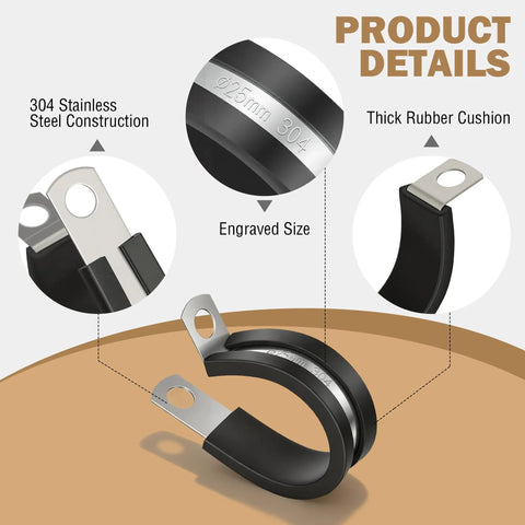Close-up of Heavy Duty Cable Clamps Kit, 100 Piece Set in Ten Sizes for Pipe, Hose, and Wire Management, Stainless Steel with Rubber Liner.