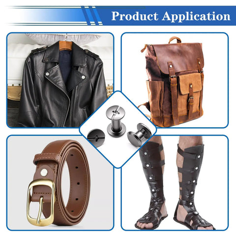 260Pcs Black Chicago Screws And Leather Rivet Kit in use with leather jacket, backpack, belt, and leg armor.