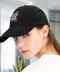 Woman wearing adjustable mens hat with front artwork ventilated mesh crown breathable cap for all day comfort sweat wicking performance