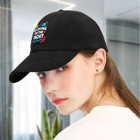 Woman wearing adjustable mens hat with front artwork ventilated mesh crown breathable cap for all day comfort sweat wicking performance