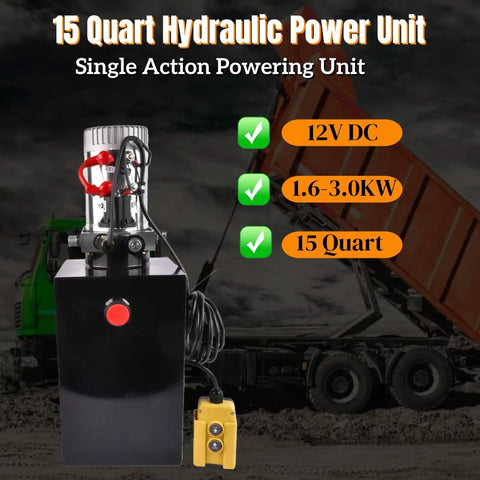 Beefy 12V DC Single Acting Hydraulic Pump Power Unit With 3.75 Gallon Steel Reservoir For Dump Trailers And Dump Trucks