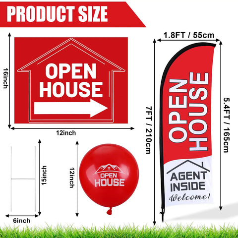 Open House Signs Kit With Flag And Poles 36 Piece Real Estate Yard Sign Set showing dimensions and elements