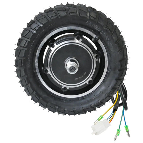 No Sweat 10 Inch 48V 350W Brushless Hub Motor Wheel Packed With Rugged Off Road Tire close-up view showing tire and wiring.