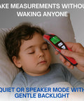 Speaking Non-Contact Infrared Thermometer For Home Use With English And Spanish Voice Fast No-Touch Forehead Readings In 1 Second Digital Thermometer For Adults Kids And Babies, child resting in bed