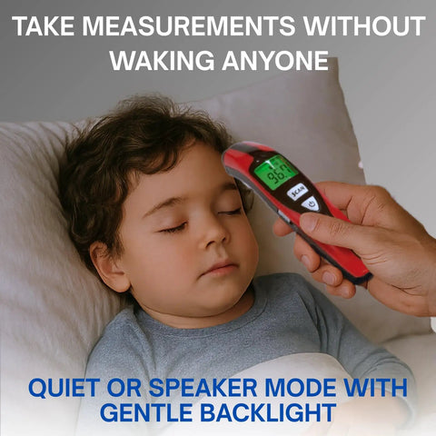 Speaking Non-Contact Infrared Thermometer For Home Use With English And Spanish Voice Fast No-Touch Forehead Readings In 1 Second Digital Thermometer For Adults Kids And Babies, child resting in bed