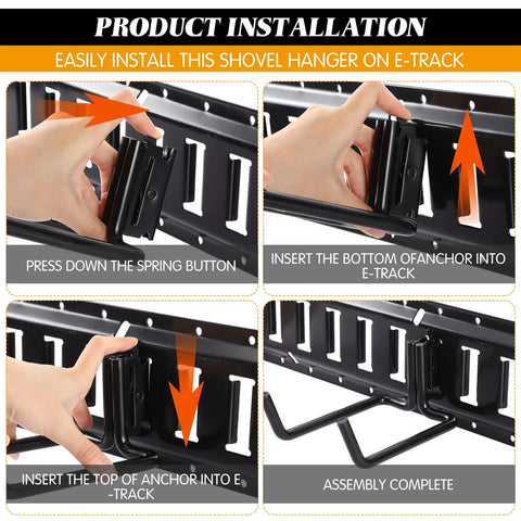 4 Pack E Track Double J Hooks Heavy Duty Steel Tool Hangers For Trailers Trucks And Garages Keep Shovels Cables Bags And Gear Off The Floor Easy Access Storage And Organization, black steel hook installation on E-track rail