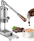 Portable Espresso Maker With Wooden Handle Hand Pressed Coffee Press For Travel showcasing stainless steel base and coffee cup.