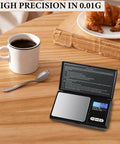 Dope Portable Digital Pocket Scale 0.01g Precision, 1000g Max, Backlit LCD Display on wooden table with coffee and croissant