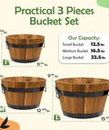 Set Of 3 Wooden Flower Boxes For Outdoors In Durable Acacia Wood Barrel Planters With Ergonomic Handles Drainage Holes And Multiple Sizes Light Brown Wood Bucket Planter Set showcasing small, medium, and large sizes