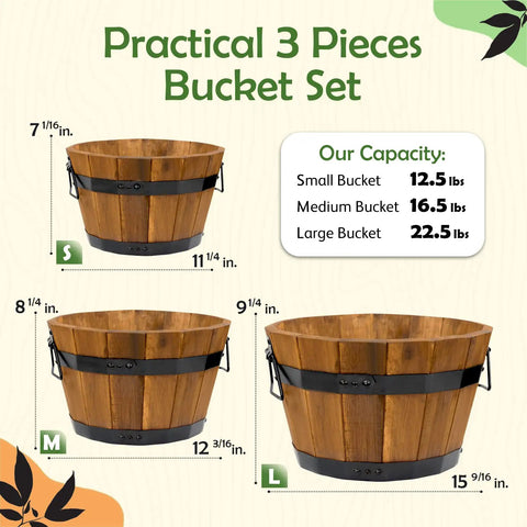 Set Of 3 Wooden Flower Boxes For Outdoors In Durable Acacia Wood Barrel Planters With Ergonomic Handles Drainage Holes And Multiple Sizes Light Brown Wood Bucket Planter Set showcasing small, medium, and large sizes
