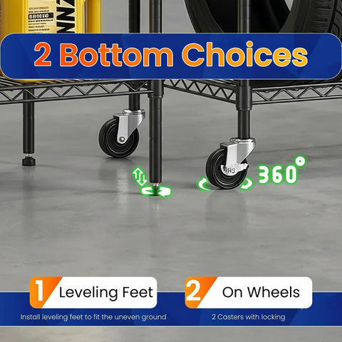 Commercial Wire Shelving Unit With Locking Casters And Adjustable Steel Shelves Heavy Duty Space Saving Storage Rack For Restaurant Garage Pantry And Kitchen Black Finish 45 By 18 By 82 Inches Beast with casters and leveling feet