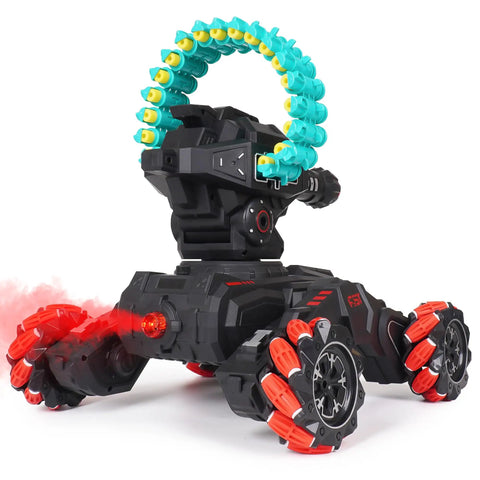 Remote Tank That Shoots Foam Darts, Gesture Sensing RC Battle Tank With 180 Degree Turret, Foam Dart Launcher Reaches 30 Feet, Indoor Outdoor Fun, Perfect Birthday Gift For Kids Aged 6 7 8 9 10 11 12, Red image showing side view with foam darts loaded on turret.