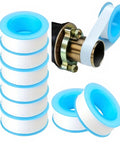 Plumbing Pro Thread Seal Tape For Leaks, PTFE Pipe Sealant Tape For Water Lines, Half Inch Thread Seal, Leak Proof, Durable And Flexible, 10 Roll Pack For Home And Commercial Use, showing rolls and application on a pipe fitting.