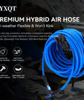 Heavy Duty 1/4 Inch By 100 Ft Air Compressor Hose Rated 300 Psi Built Tough Hybrid Composition with Bend Restrictor in use.