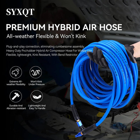 Heavy Duty 1/4 Inch By 100 Ft Air Compressor Hose Rated 300 Psi Built Tough Hybrid Composition with Bend Restrictor in use.