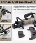 Heavy Duty Electric Rebar Bender Machine With Brushless Motor, showing bending and straightening attachments for 1 inch steel bars.