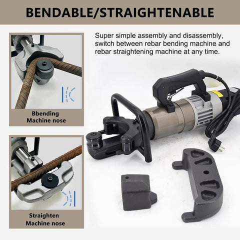 Heavy Duty Electric Rebar Bender Machine With Brushless Motor, showing bending and straightening attachments for 1 inch steel bars.