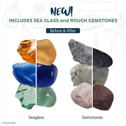 Comparison of seaglass and gemstones before and after polishing with Rock Tumbler And Tumbling Machine Mint Green 3 Speed Direct Drive