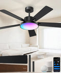Smart 52 Inch Rgb Cw Led Ceiling Fan With Remote App Voice Control Hella Quiet Dc Motor Energy Saving in modern living room.