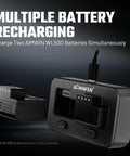 Dual Magnetic Charging Dock For WL500 Batteries With USB C Fast Charge, shown with two WL500 batteries charging