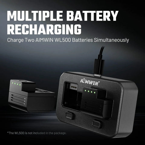 Dual Magnetic Charging Dock For WL500 Batteries With USB C Fast Charge, shown with two WL500 batteries charging