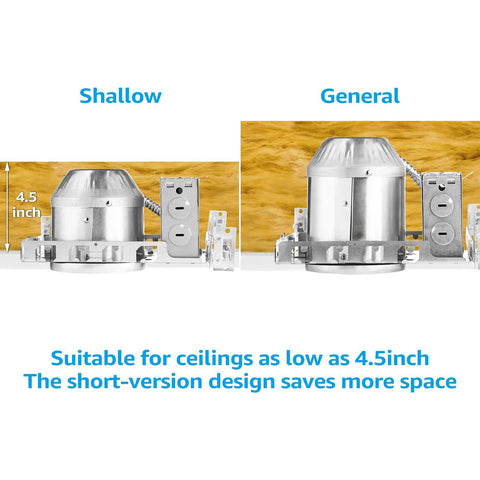 No Frills 4 Inch Recessed Lighting Housing For New Construction IC Rated Air Tight Ceiling Downlight Can With J Box ETL Listed And TP24 Connector With Insulation Contact Compatible Profile And Easy Install, showing shallow and general housings for low ceilings.