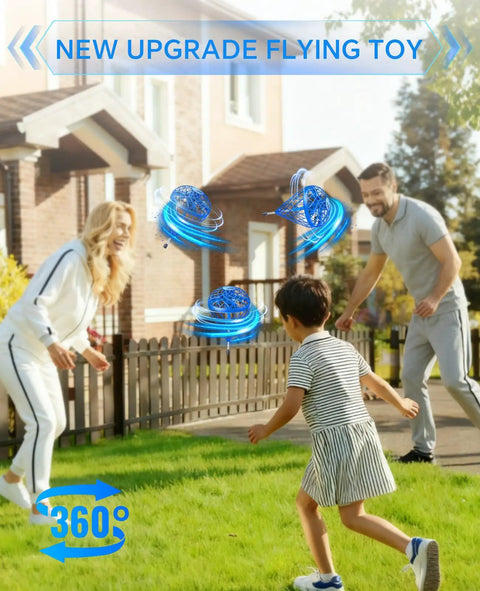 Family playing with Hand Operated Mini Drone Magic Flying Orb Ball With Lights Rechargeable Outdoor Spinner Toy on grass