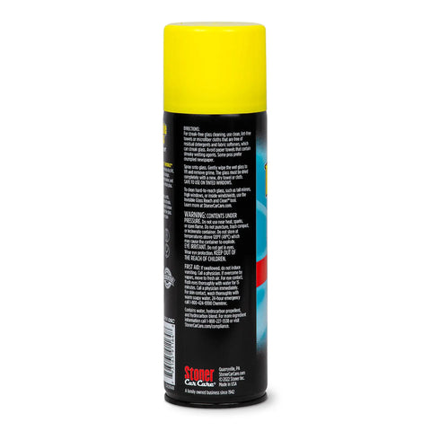 Back view of Top Shelf Foaming Auto Glass Cleaner 19 ounce can, showing directions and warnings for safe use.