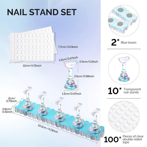 Two Sets Blue Acrylic Nail Stand With Magnetic Display Base For Press Ons Includes 10 Transparent Stands And 100 Transparent Double Sided Tape