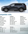 Side view of a dark SUV with list of compatible Buick, Cadillac, Saturn, Isuzu, Pontiac models displayed below.