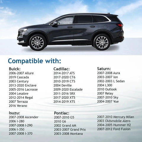 Side view of a dark SUV with list of compatible Buick, Cadillac, Saturn, Isuzu, Pontiac models displayed below.