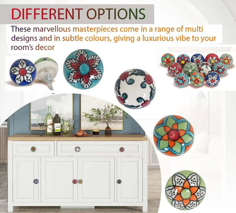 Assorted Ceramic Cabinet Knobs Set Of 12 With Chrome Hardware For Kitchen, Bathroom, And Furniture on a white dresser.