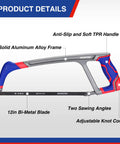 12 Inch Hacksaw With Extra Bi-Metal Blades, Heavy Duty Aluminum Frame, Adjustable 45 And 90 Degree Angles, For Metal, Wood, And PVC Pipes