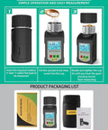 Grain Moisture Tester Portable Cup Type Meter For 25 Grains Including Wheat Corn Coffee High Precision 0.5 Percent With Temperature Compensation Data Storage For Farmers Food Processors And Traders packaging list with box, host, case, and manual