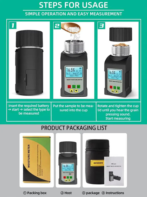 Grain Moisture Tester Portable Cup Type Meter For 25 Grains Including Wheat Corn Coffee High Precision 0.5 Percent With Temperature Compensation Data Storage For Farmers Food Processors And Traders packaging list with box, host, case, and manual
