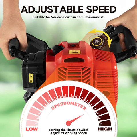 Close-up of a Powerful 52Cc Two Stroke Trench Digger's adjustable throttle and speedometer, showing speed control feature.